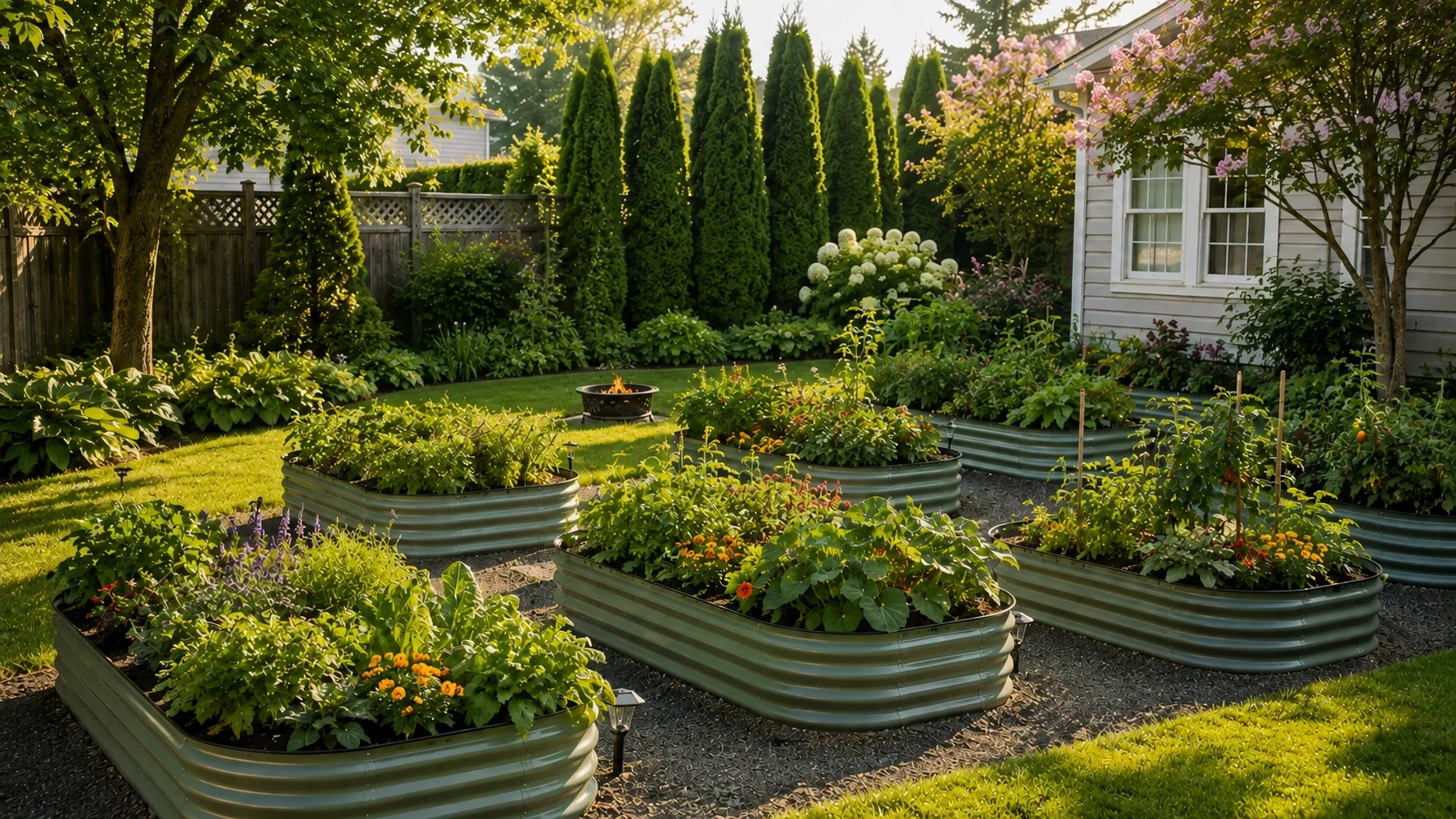 Landscaped backyard with modular galvanized steel raised garden beds